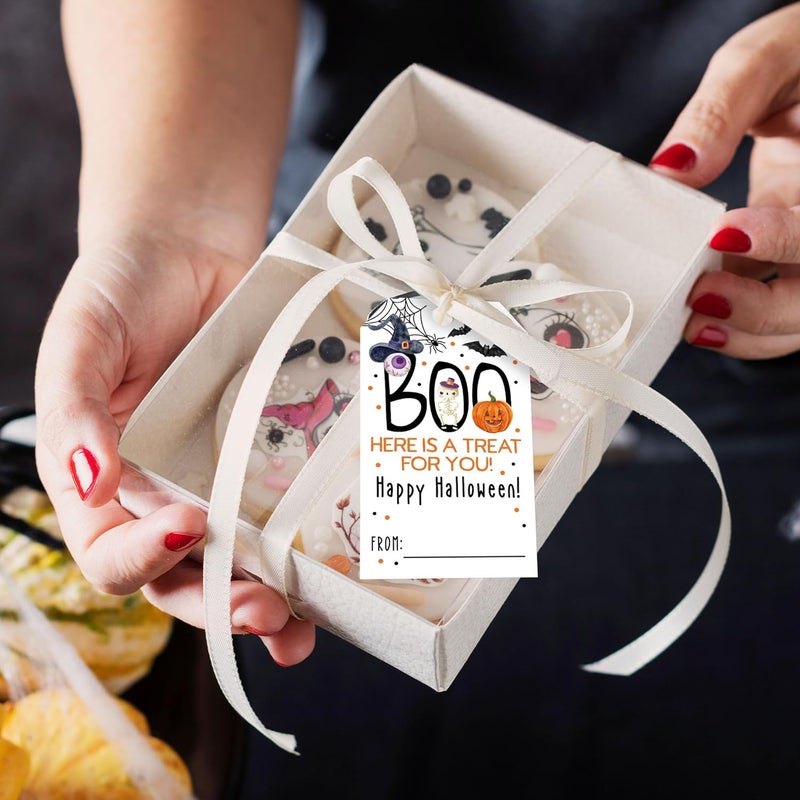 RPLCSPC Halloween Paper Gift Tags with String-50Pcs, Here is A Treat for You Happy Halloween Tags for Goodie Bags, 2 x 3.5 Inch Writable Waterproof Hanging Labels for Decor Party Supplies, Gift Wrapping-B01 - Image 5